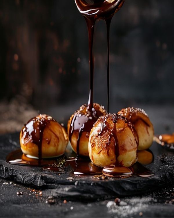 Golden fried loukoumades with chocolate drizzle
